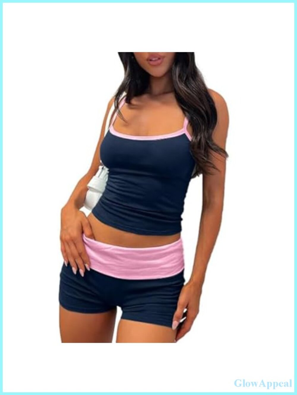 Womens 2 Piece Pajama Set Sleeveless Cami Crop Top Fold Over Shorts Loungewear